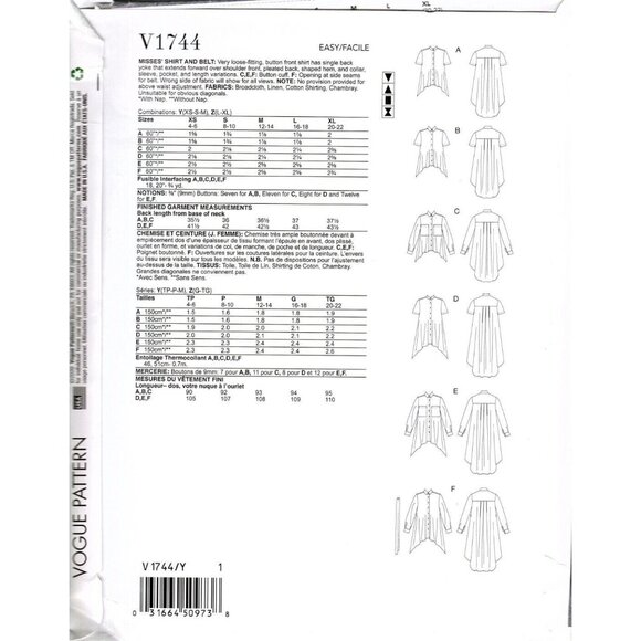 Vogue V1744 Misses L, XL Long Button Front Tunic Tops UNCUT Sewing Pattern - Picture 2 of 6